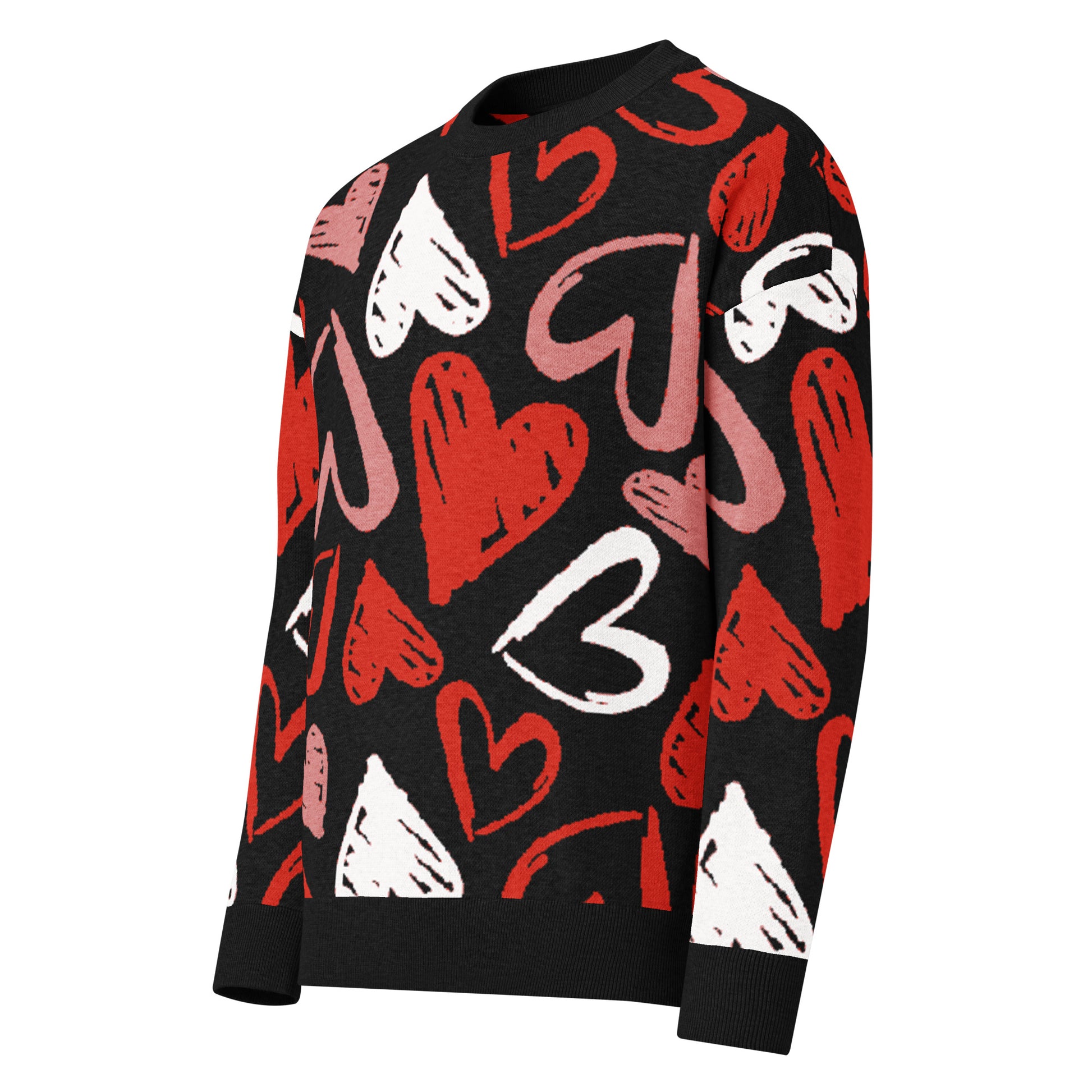 Unisex heart knit sweater angled side view highlighting knit texture