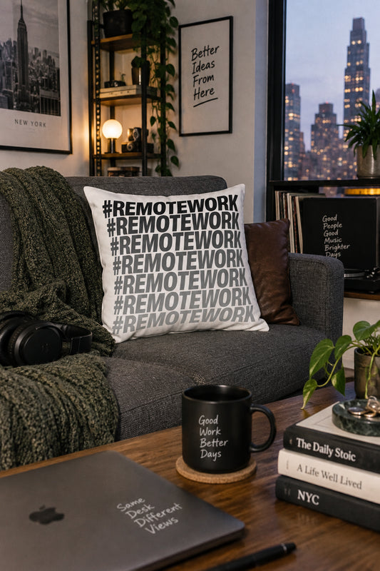 Remote Work throw pillow styled on a sofa in a modern city apartment with home office decor