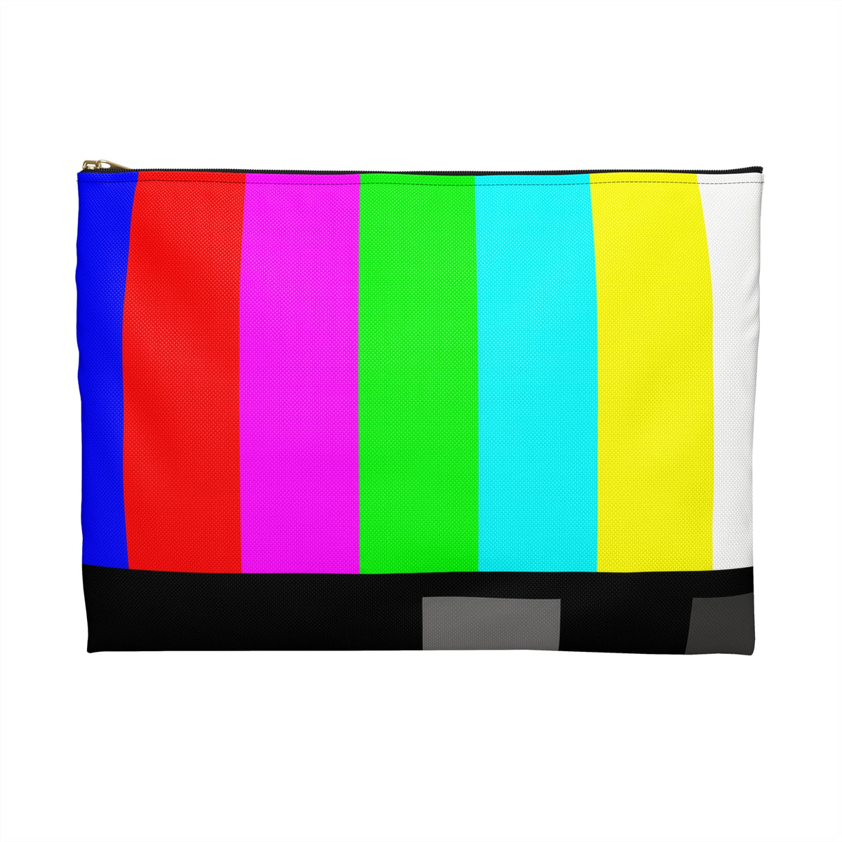 Retro broadcast color bars zipper pouch shown from the back with a bold multicolor graphic print.