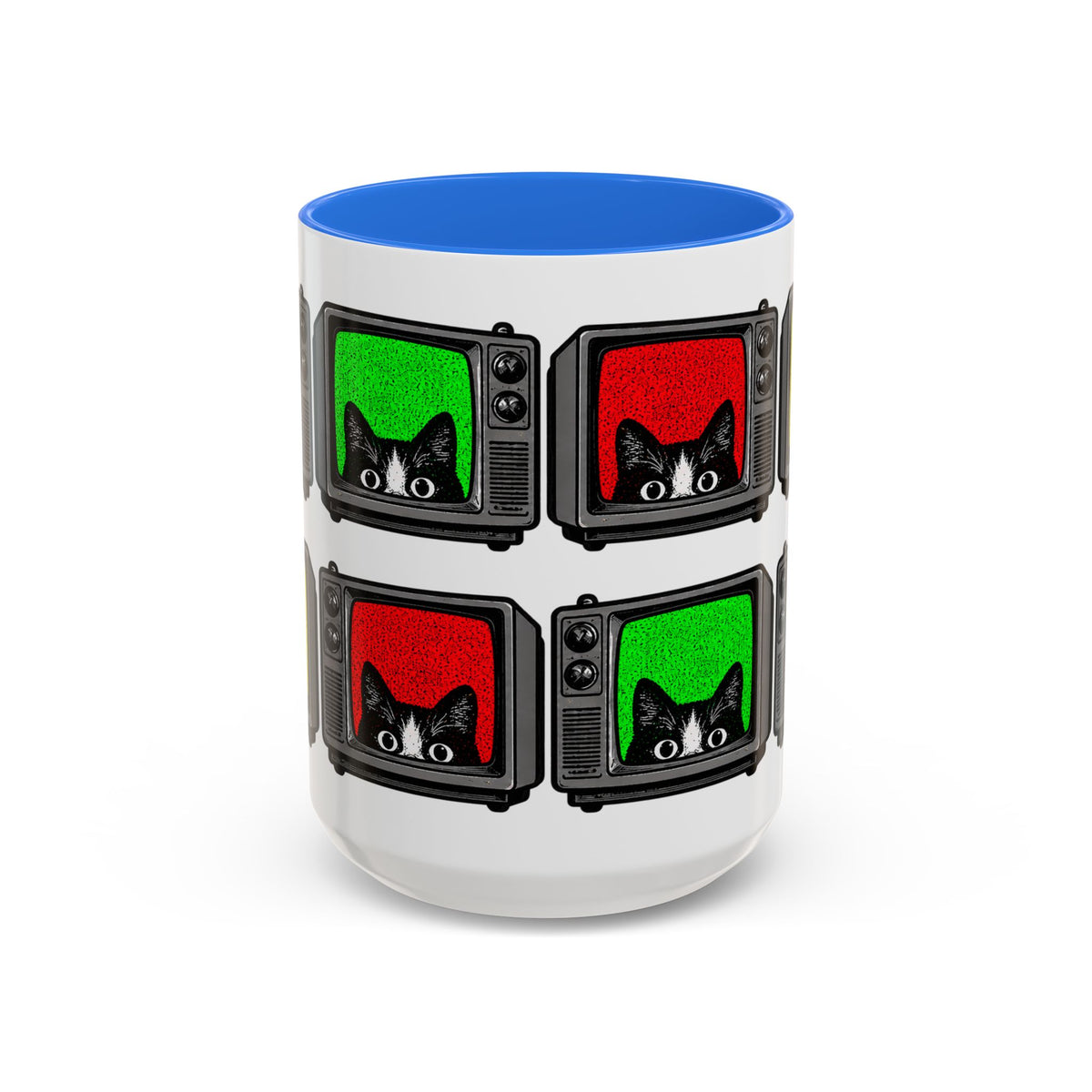 Back view of Retro Cat TV 15 oz mug with blue interior and multicolor cat television print