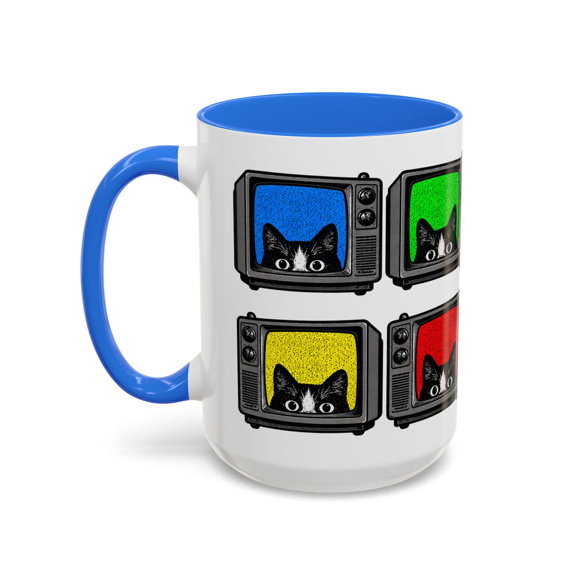 Blue accent Retro Cat TV 15 oz mug showing colorful cat television pattern