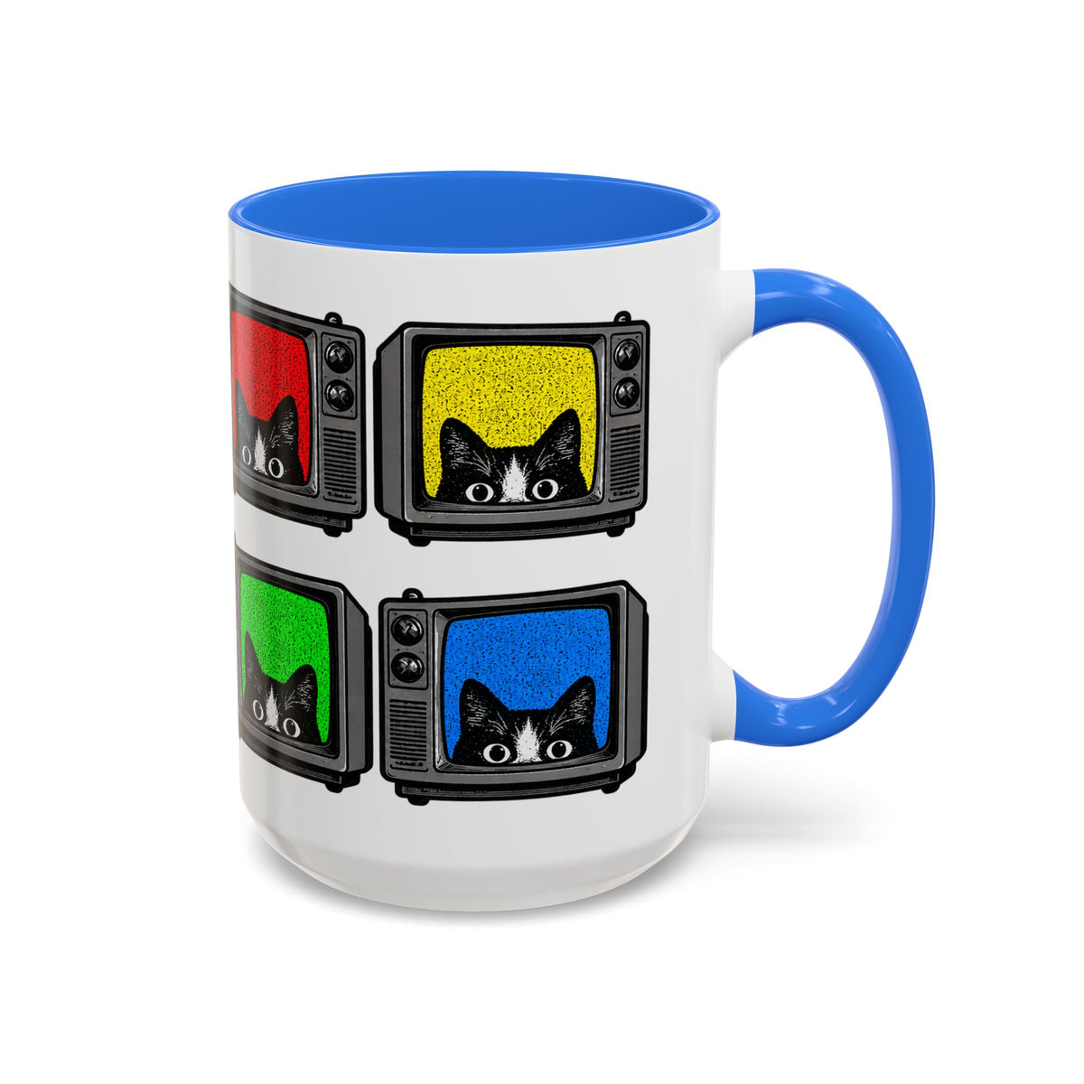 Retro Cat TV 15 oz coffee mug with blue handle and colorful vintage television cat design