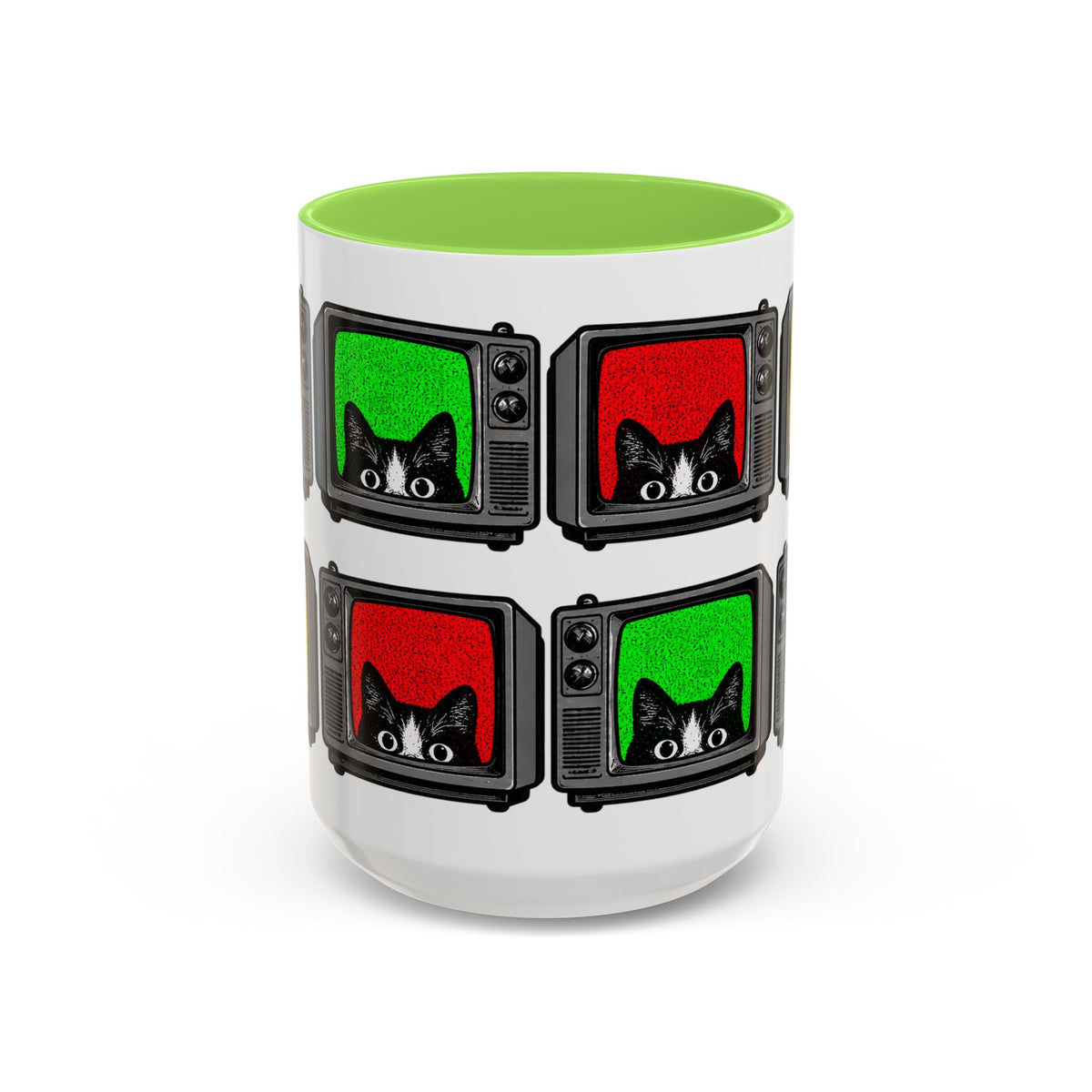Back view of Retro Cat TV 15 oz mug with green interior and multicolor cat television print