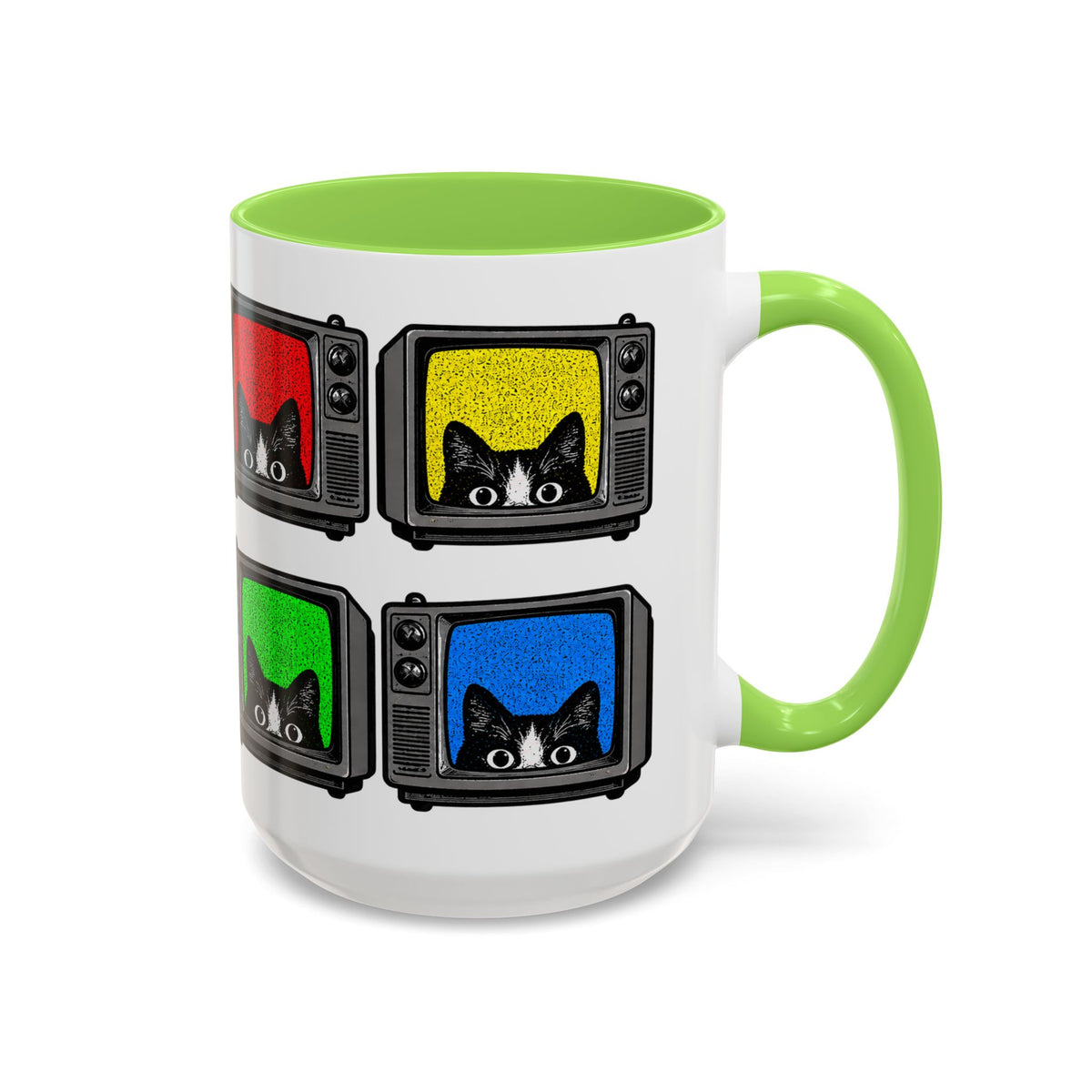 Green accent Retro Cat TV 15 oz mug showing colorful cat television pattern