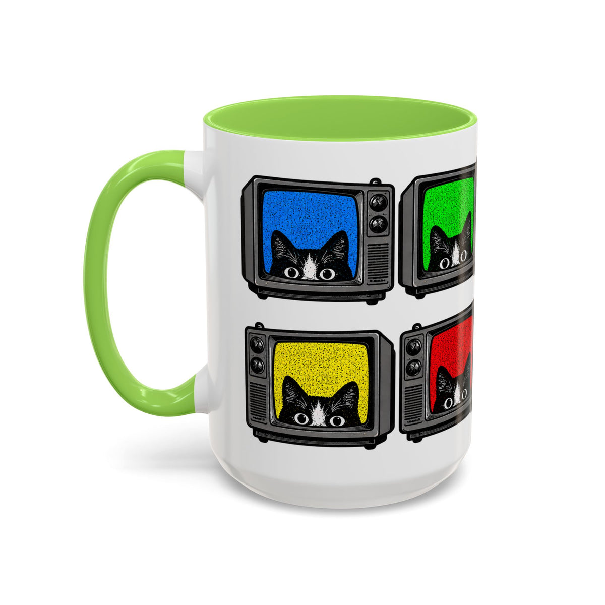 Retro Cat TV 15 oz coffee mug with green handle and colorful vintage television cat design