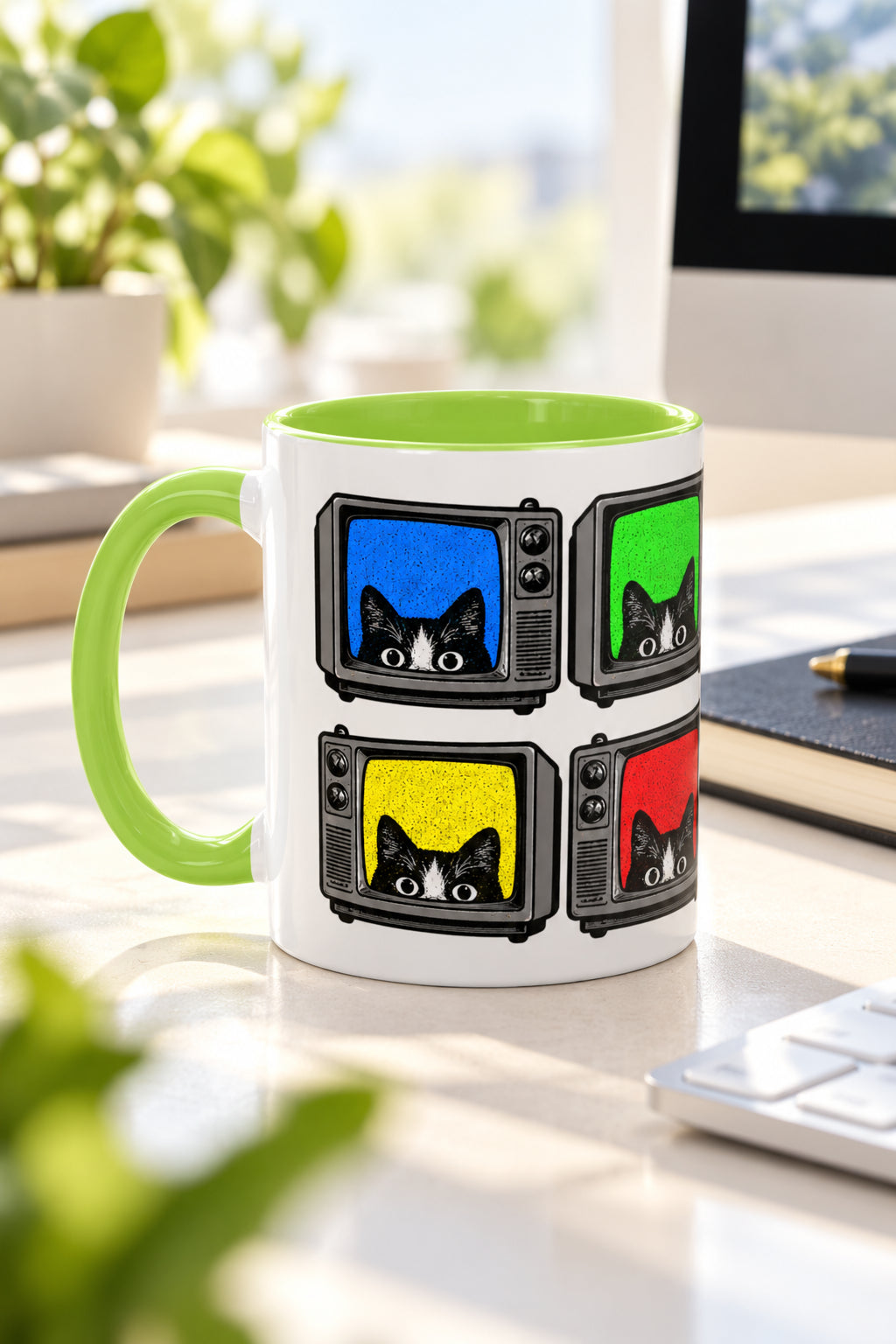 Retro Cat TV 15 oz mug with green handle on a bright minimal tech desk