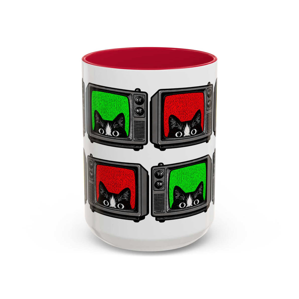 Back view of Retro Cat TV 15 oz mug with red interior and multicolor cat television print