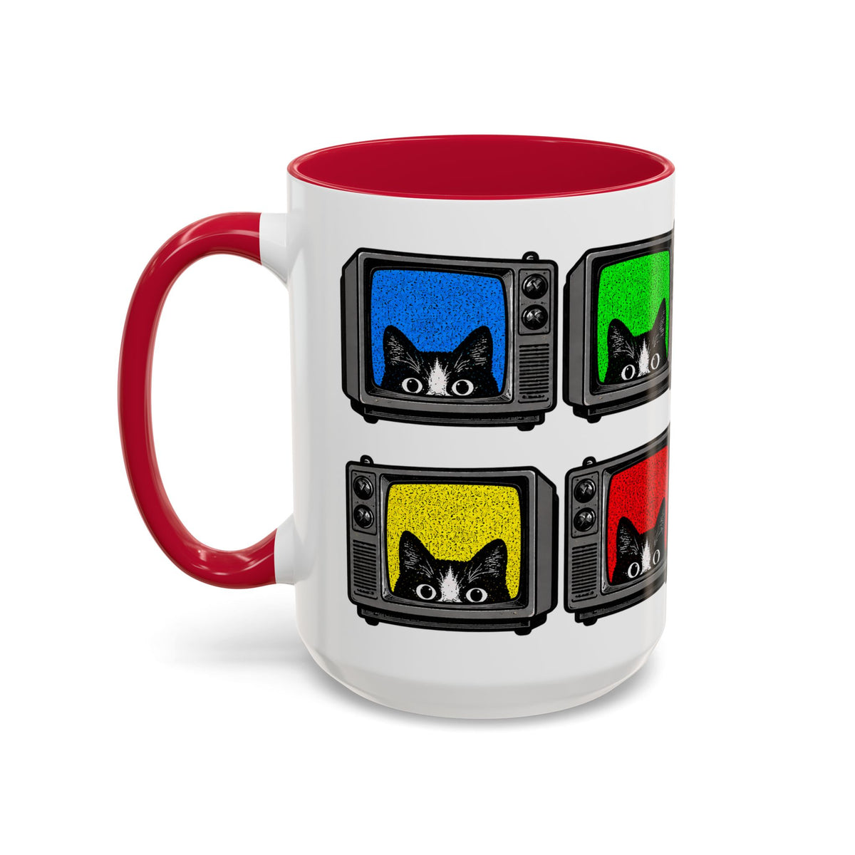 Retro Cat TV 15 oz coffee mug with red handle and colorful vintage television cat design