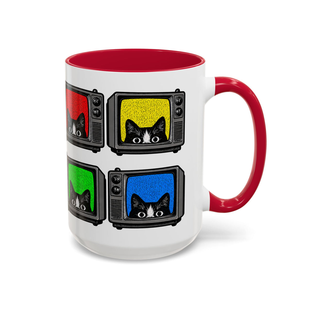 Red accent Retro Cat TV 15 oz mug showing colorful cat television pattern