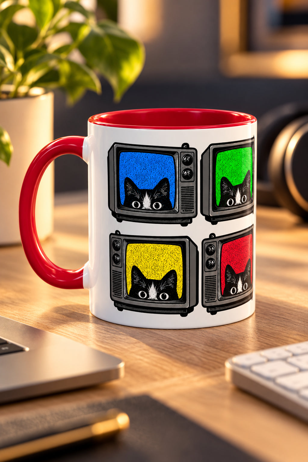 Retro Cat TV 15 oz mug with red handle on a modern tech desk
