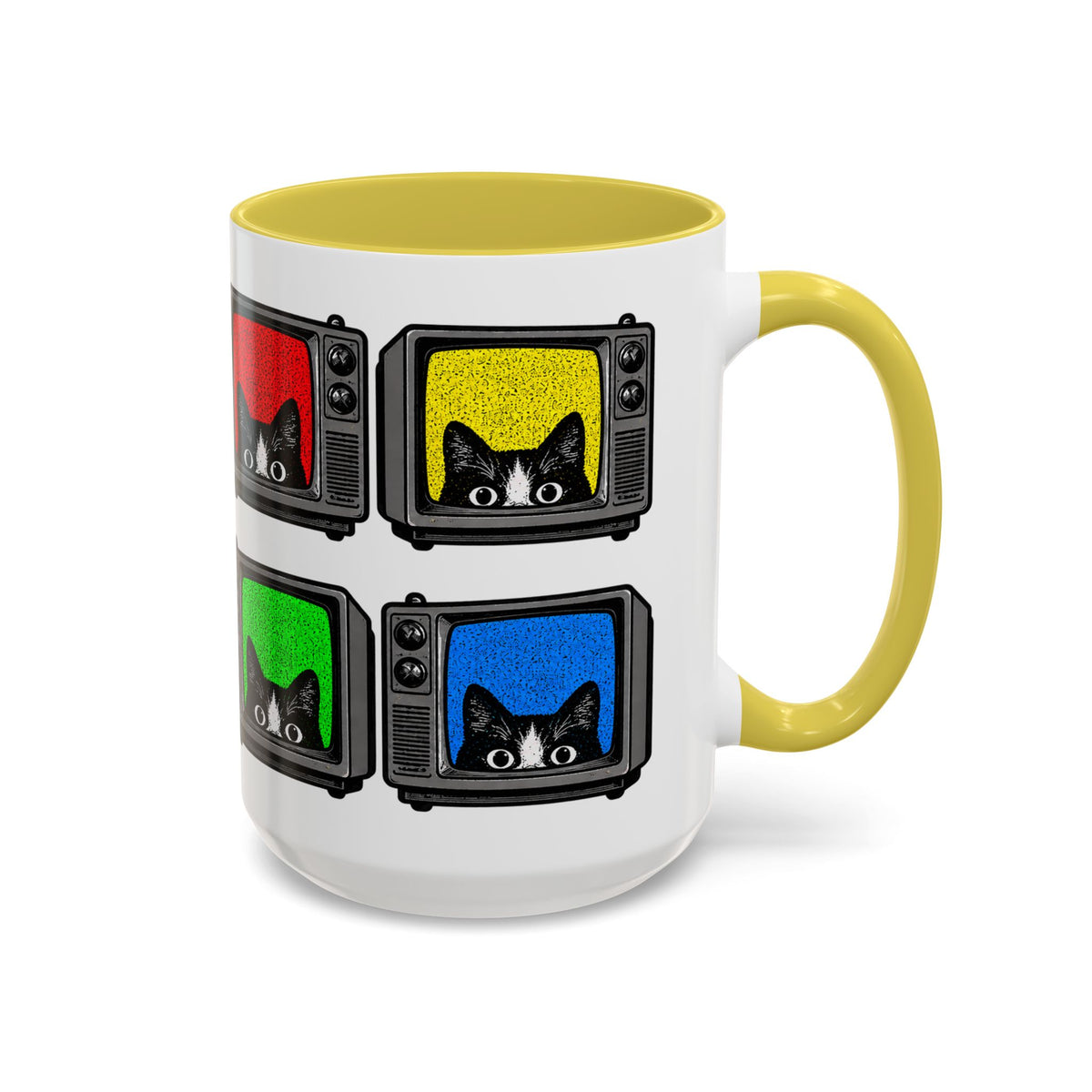 Back view of Retro Cat TV 15 oz mug with yellow interior and multicolor cat television print
