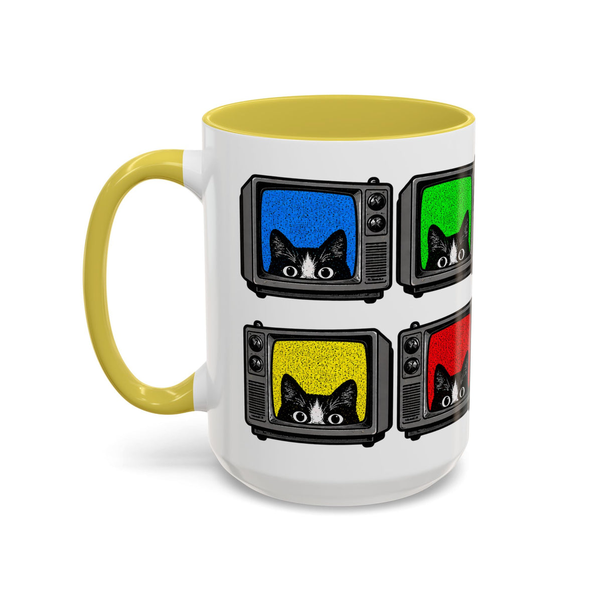 Yellow accent Retro Cat TV 15 oz mug showing colorful cat television pattern