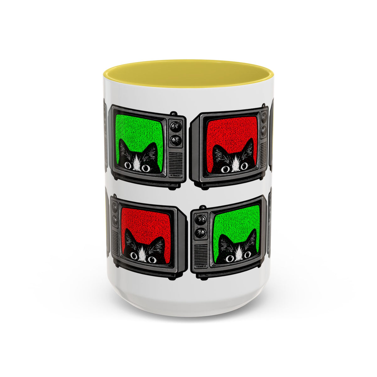 Retro Cat TV 15 oz coffee mug with yellow handle and colorful vintage television cat design