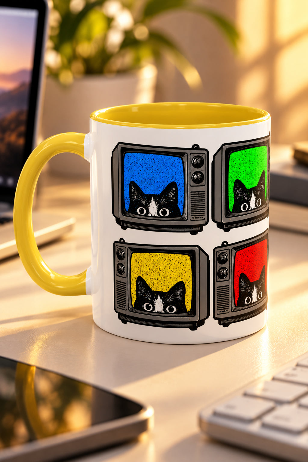 Retro Cat TV 15 oz mug with yellow handle in a warm modern tech workspace