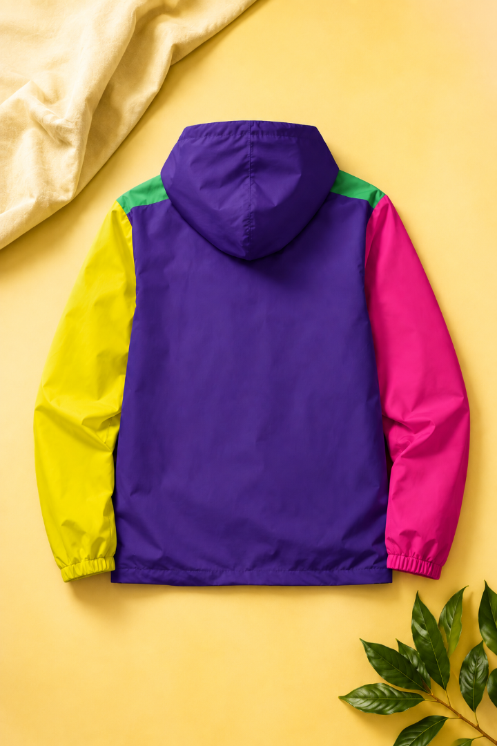 Back view of the Retro Colors Windbreaker Jacket on a soft yellow background
