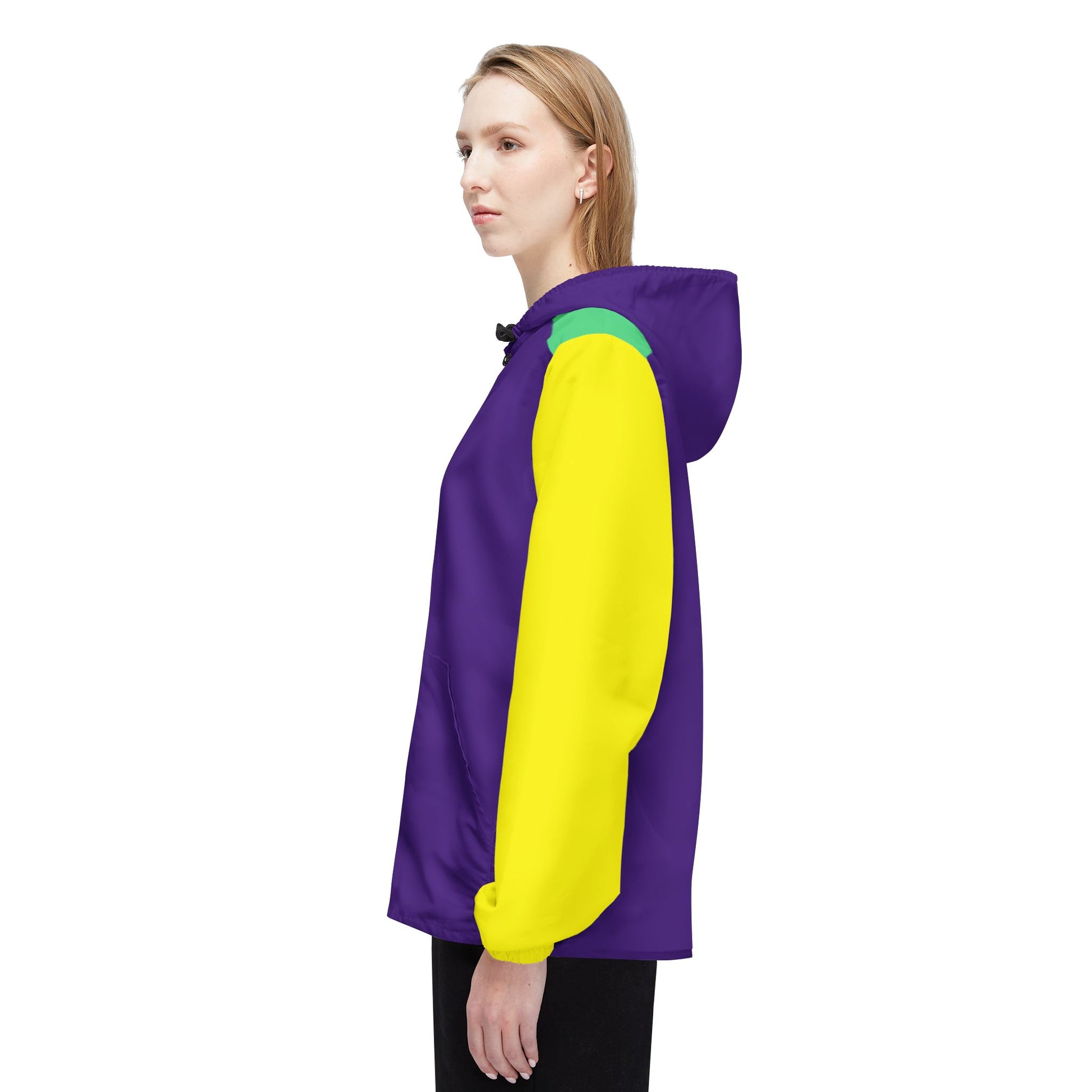 Woman wearing the Retro Colors Windbreaker Jacket from the side