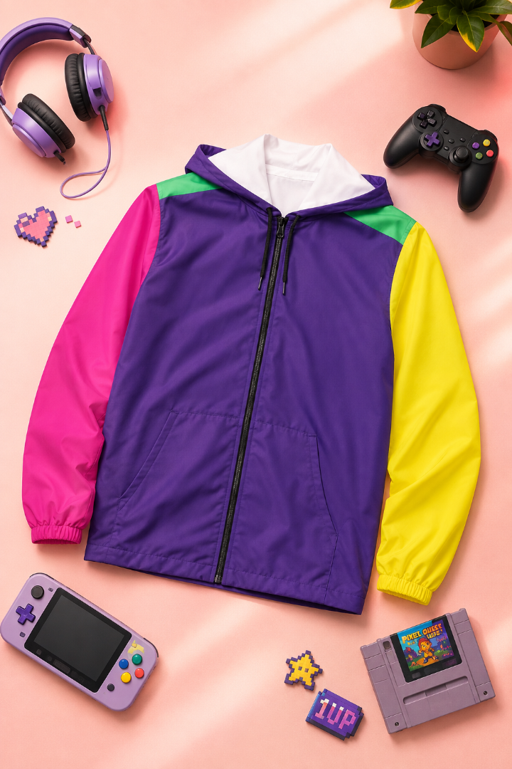 Retro Colors Windbreaker Jacket in a gaming-inspired flat lay with headphones and game accessories