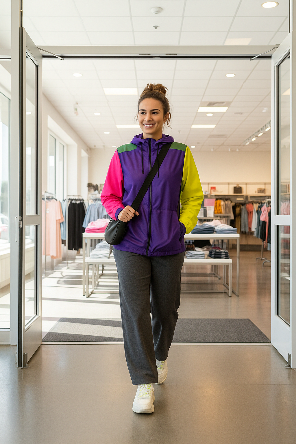 Woman wearing the Retro Colors Windbreaker Jacket in a casual indoor lifestyle setting