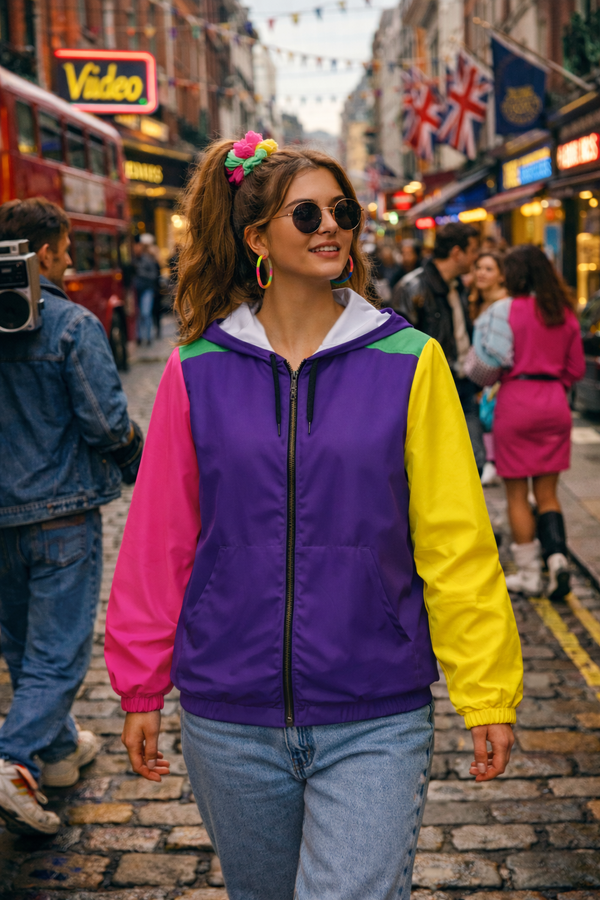 Woman wearing the Retro Colors Windbreaker Jacket in purple, pink and yellow on a colorful city street