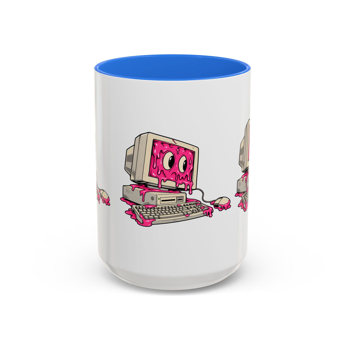 Retro computer slime 15 oz ceramic mug with blue interior, front view
