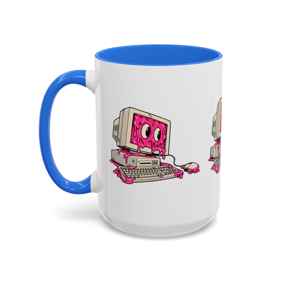 Retro computer slime programmer mug with blue handle and interior, left-side view