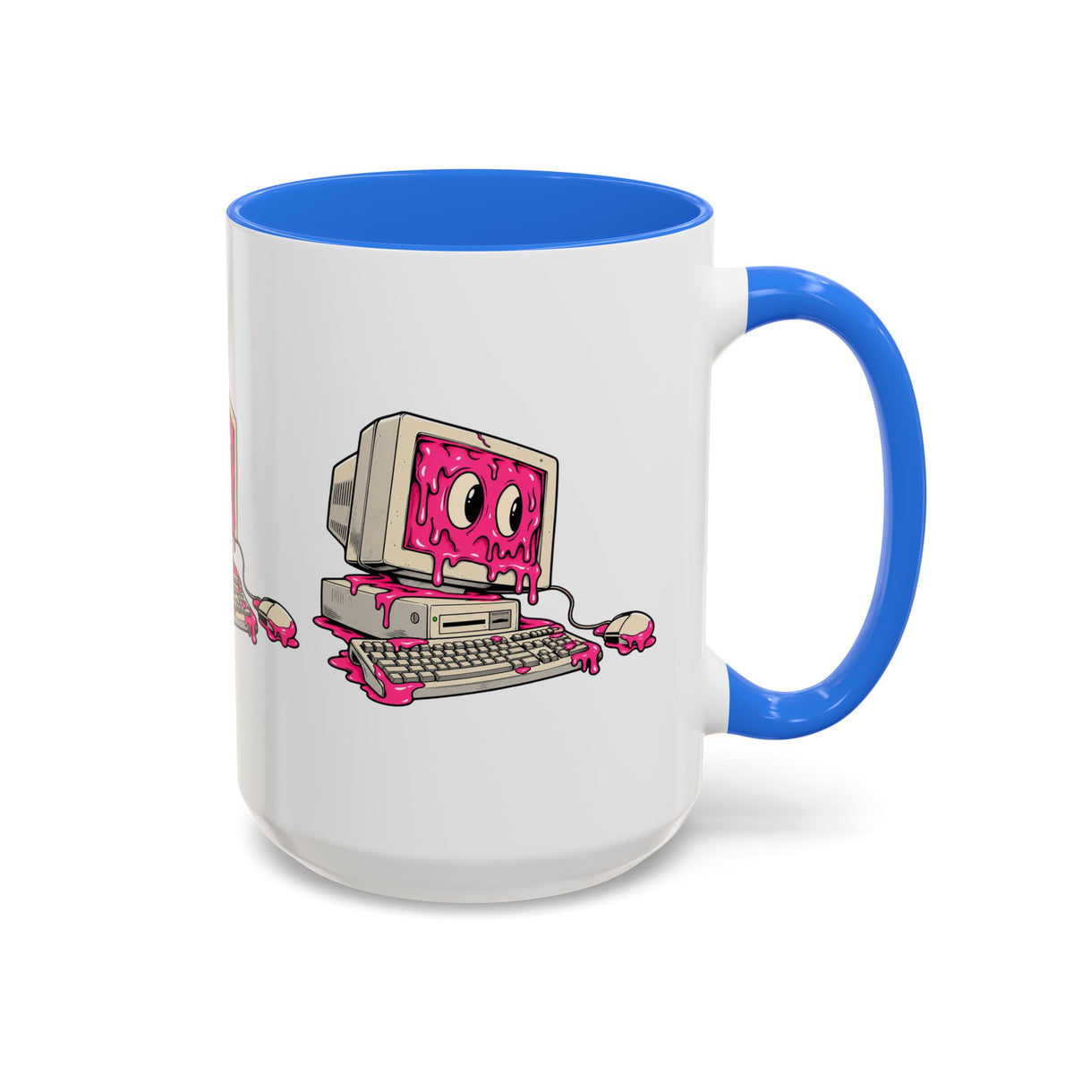 Retro computer slime tech mug with blue handle and interior, right-side view