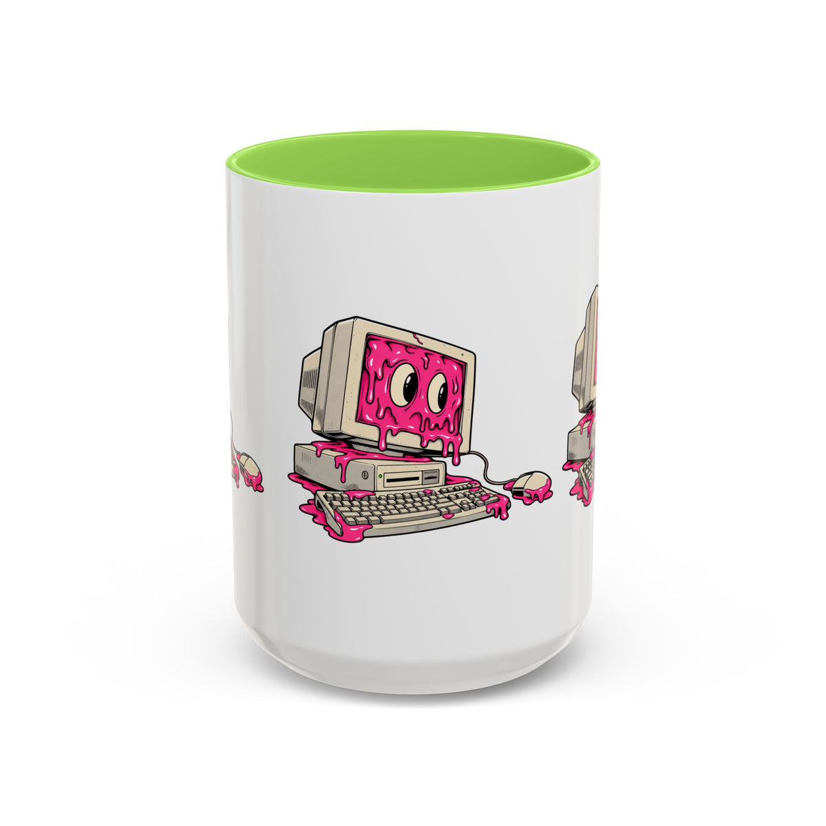 Retro computer slime 15 oz tech mug with green interior, front view