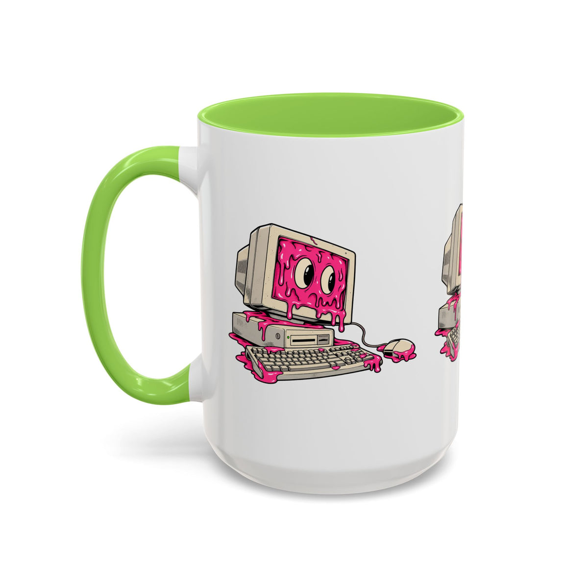 Retro computer slime ceramic mug with green handle and interior, left-side view
