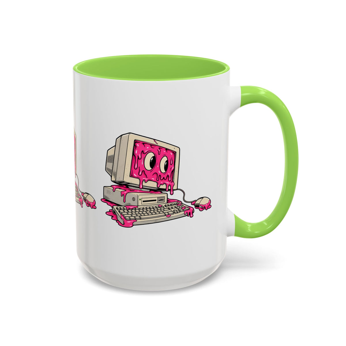 Retro computer slime IT mug with green handle and interior, right-side view