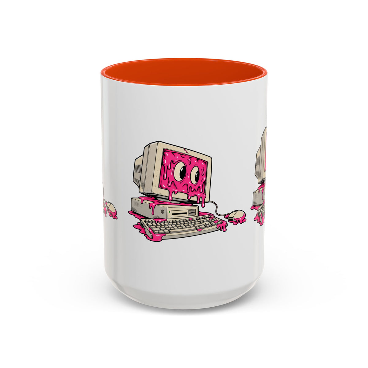 Retro computer slime 15 oz ceramic mug with orange interior, front view