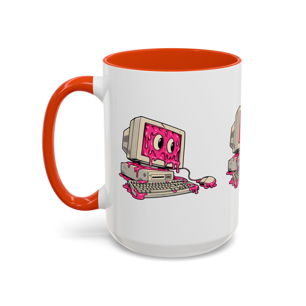 Retro computer slime tech mug with orange handle and interior, left-side view
