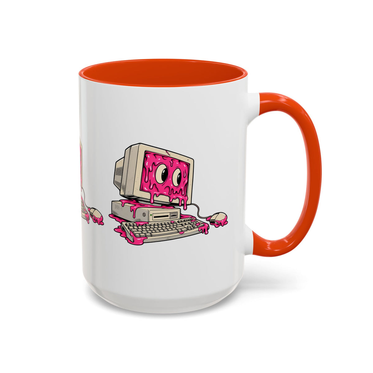 Retro computer slime ceramic mug with orange handle and interior, right-side view