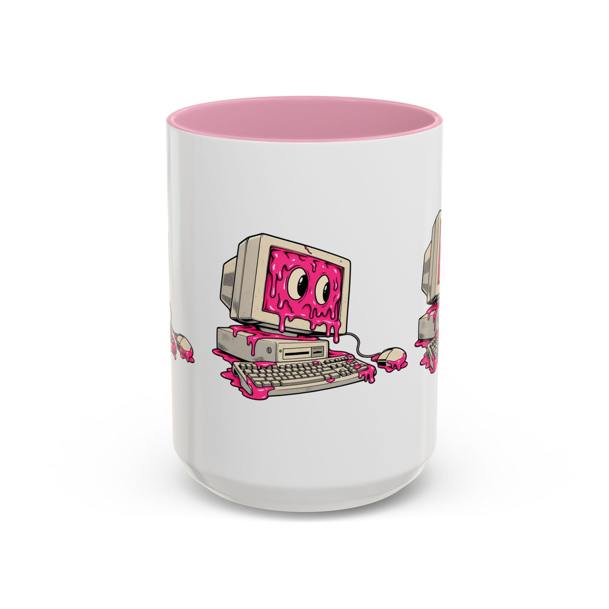 Retro computer slime 15 oz ceramic mug with pink interior, front view