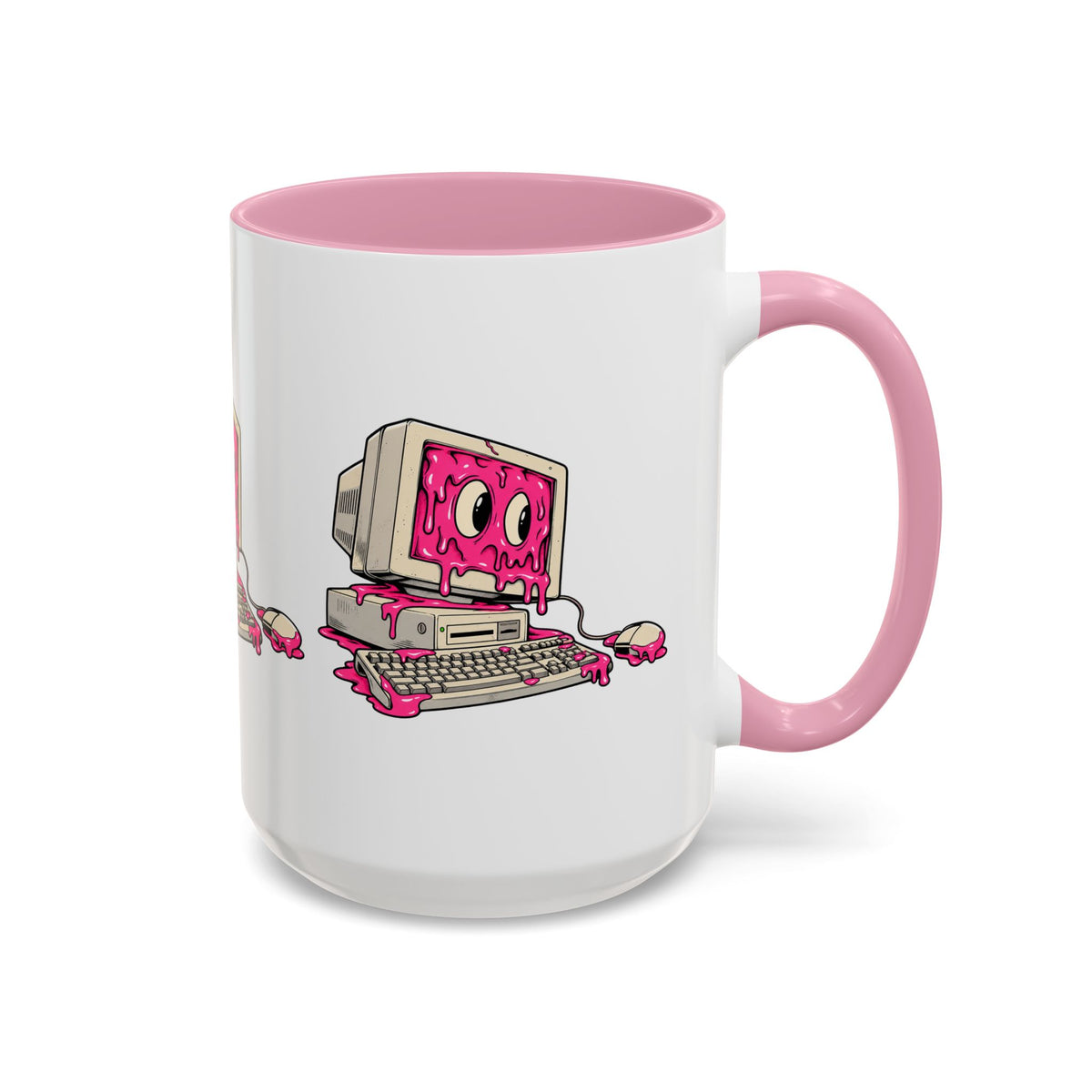 Retro computer slime ceramic mug with pink handle and interior, left-side view