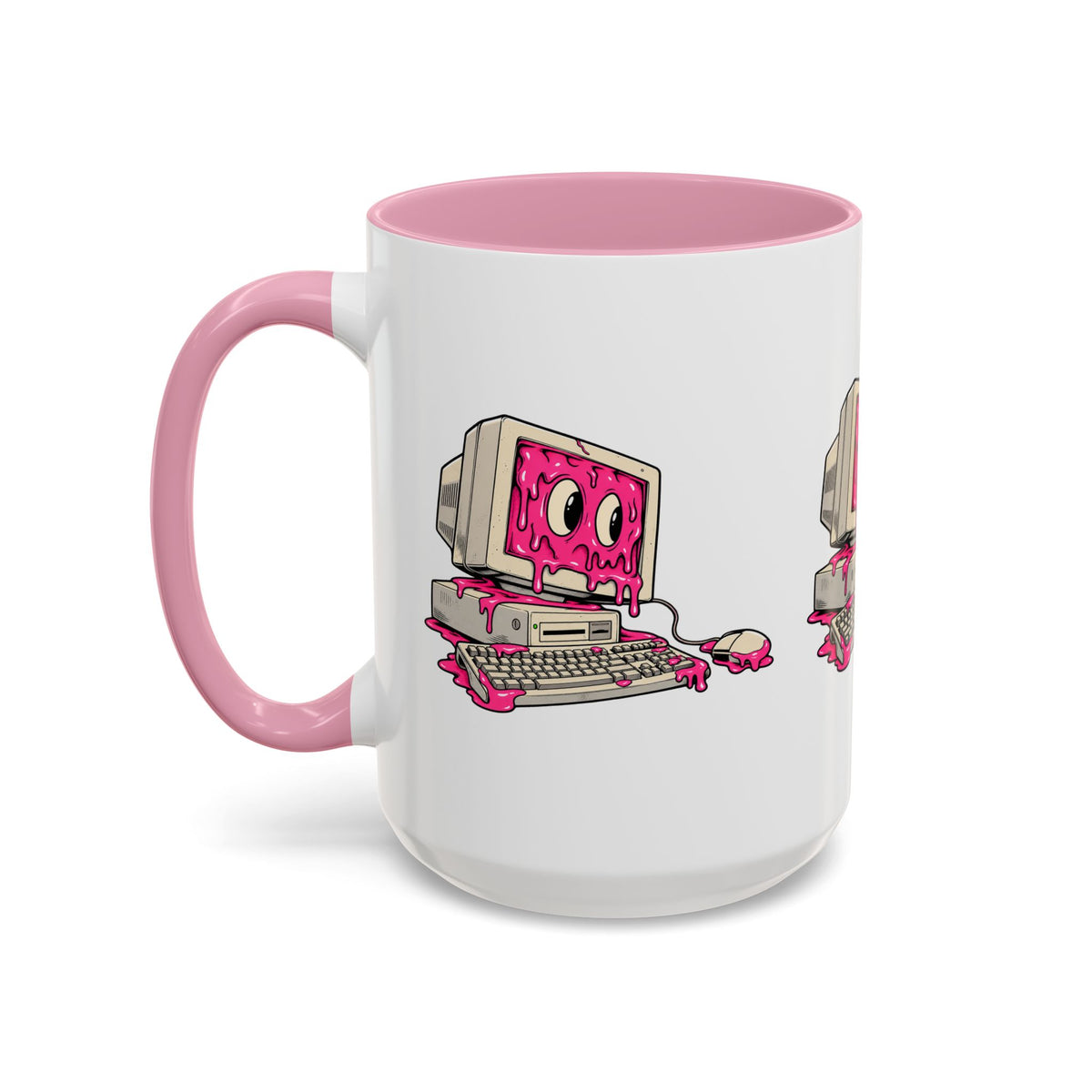Retro computer slime programmer mug with pink handle and interior, right-side view