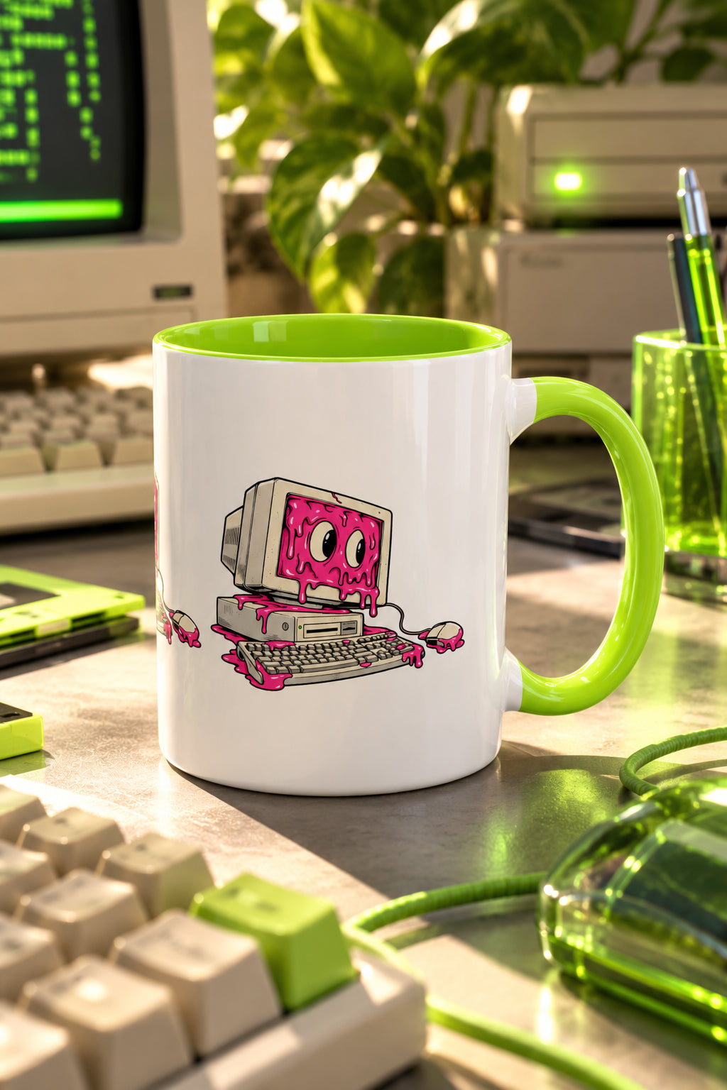 Green retro computer slime mug on an editorial tech desk with vintage computer equipment
