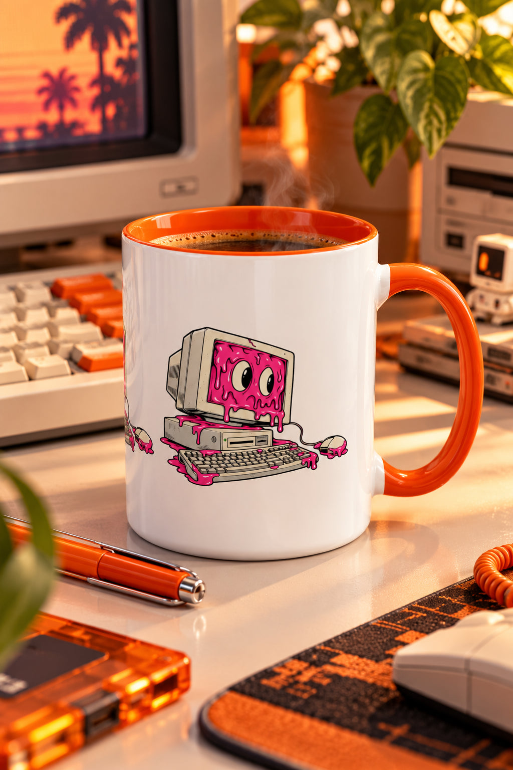 Retro computer slime 15 oz tech mug with orange handle on a vintage computer desk