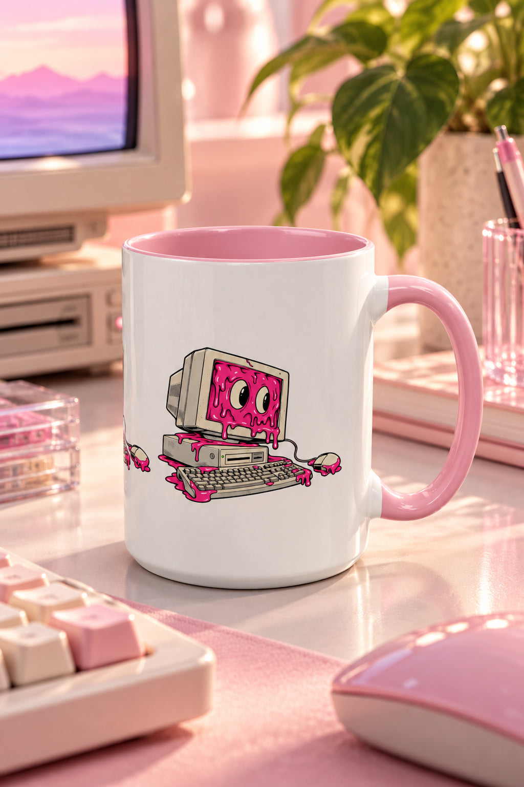 Pink retro computer slime mug on a pastel tech desk with keyboard and computer