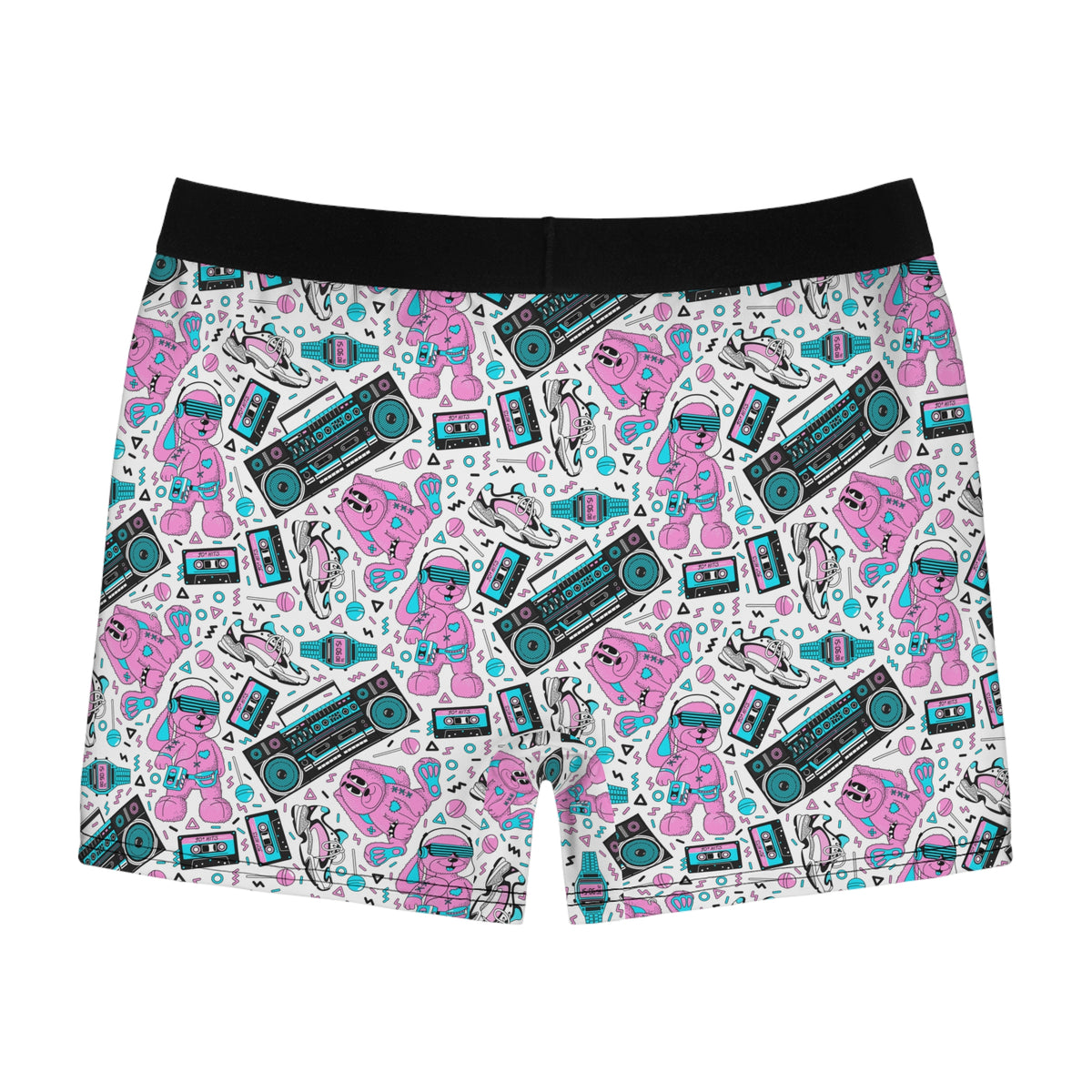 Back view of men's retro gaming boxer briefs featuring colorful pop icons, pastel pink and aqua graphics, and a black waistband.