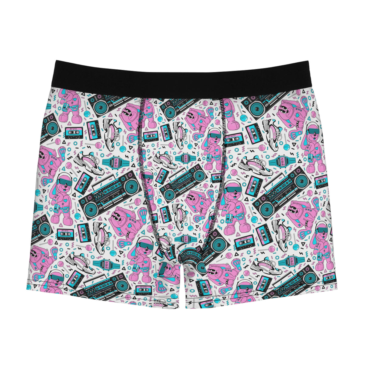 Retro Gamer men's boxer briefs with colorful pink and aqua gaming icons, all-over print and black waistband, front view.