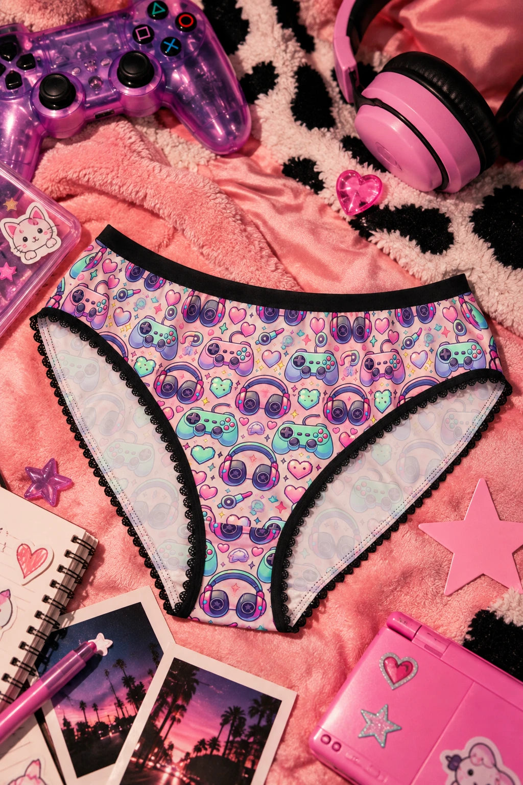 Retro Gamer panties with pastel arcade print, gaming controllers and headphones styled in a colorful flat lay