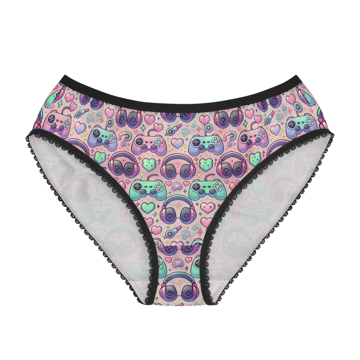 Retro Gamer women’s panties with pastel arcade print and black trim, front view
