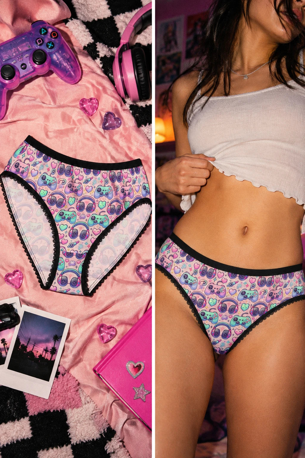 Woman wearing Retro Gamer panties with colorful arcade print in a playful gamer bedroom setting