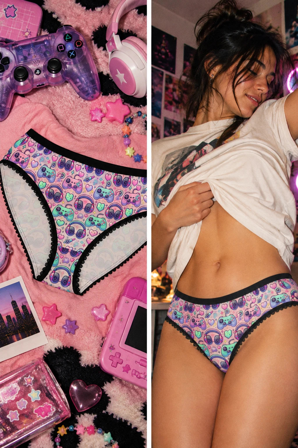 Woman wearing Retro Gamer arcade print panties in a colorful gaming-inspired lifestyle scene