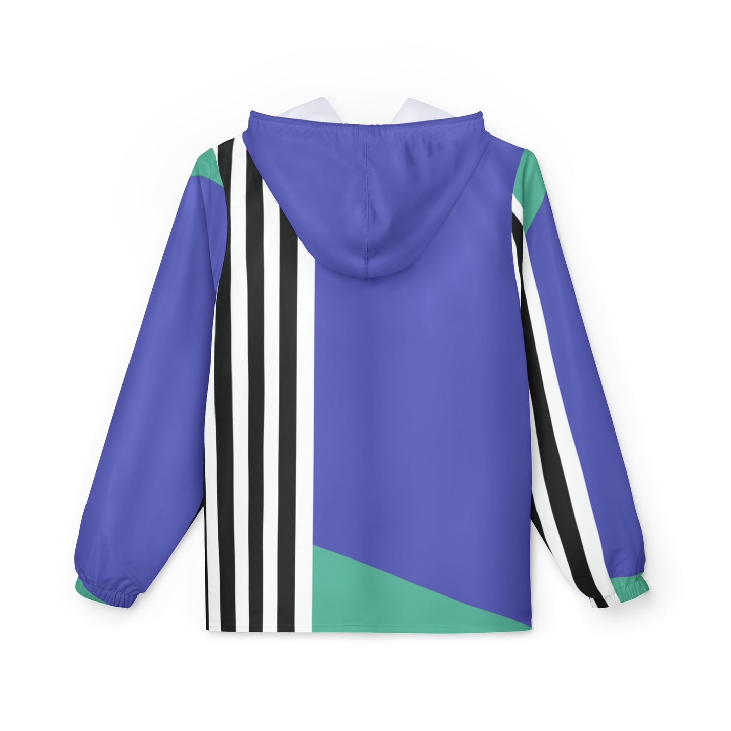 Back view of Retro Lines color block windbreaker jacket with hood and black and white striped panels.