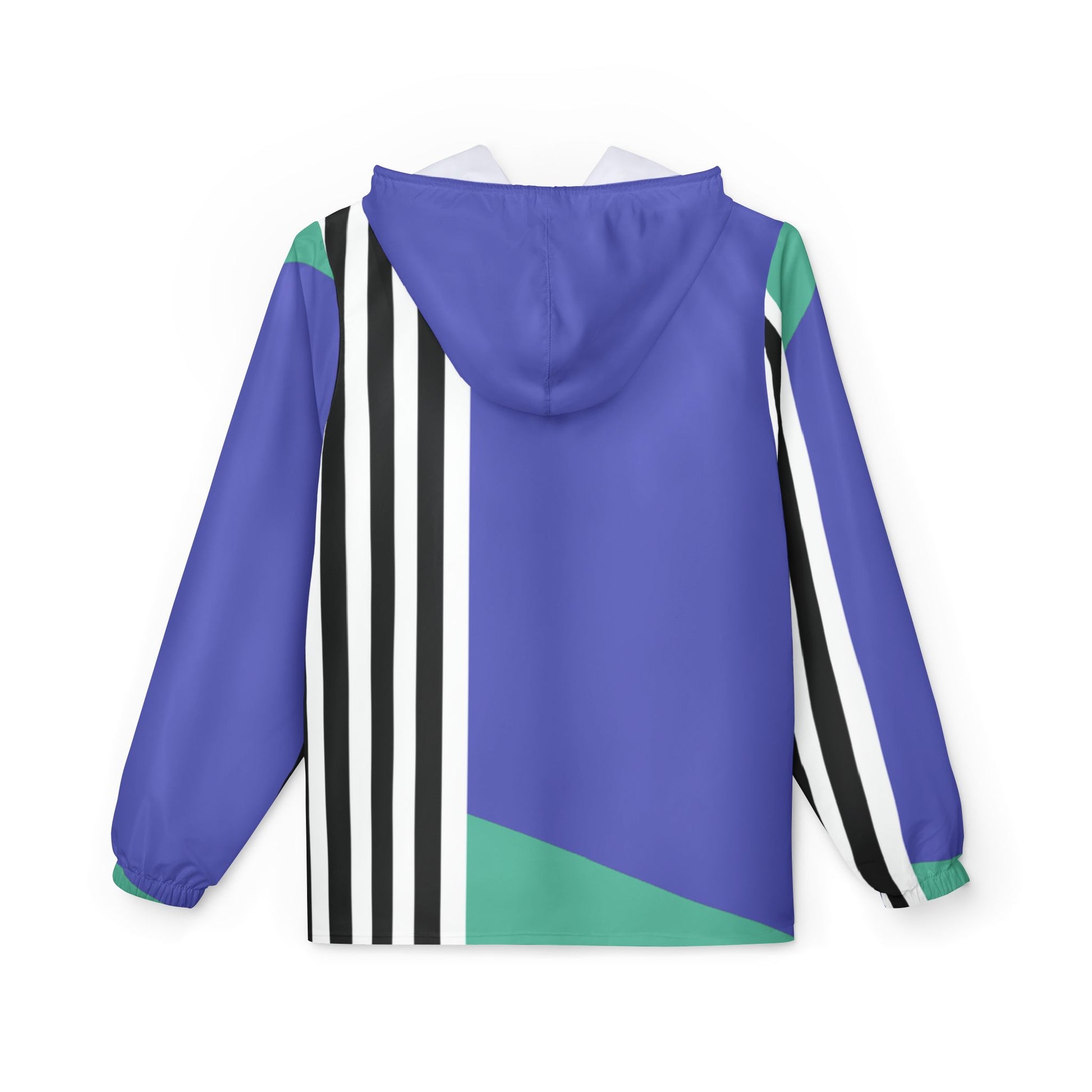 Back view of Retro Lines color block windbreaker jacket with hood and black and white striped panels.