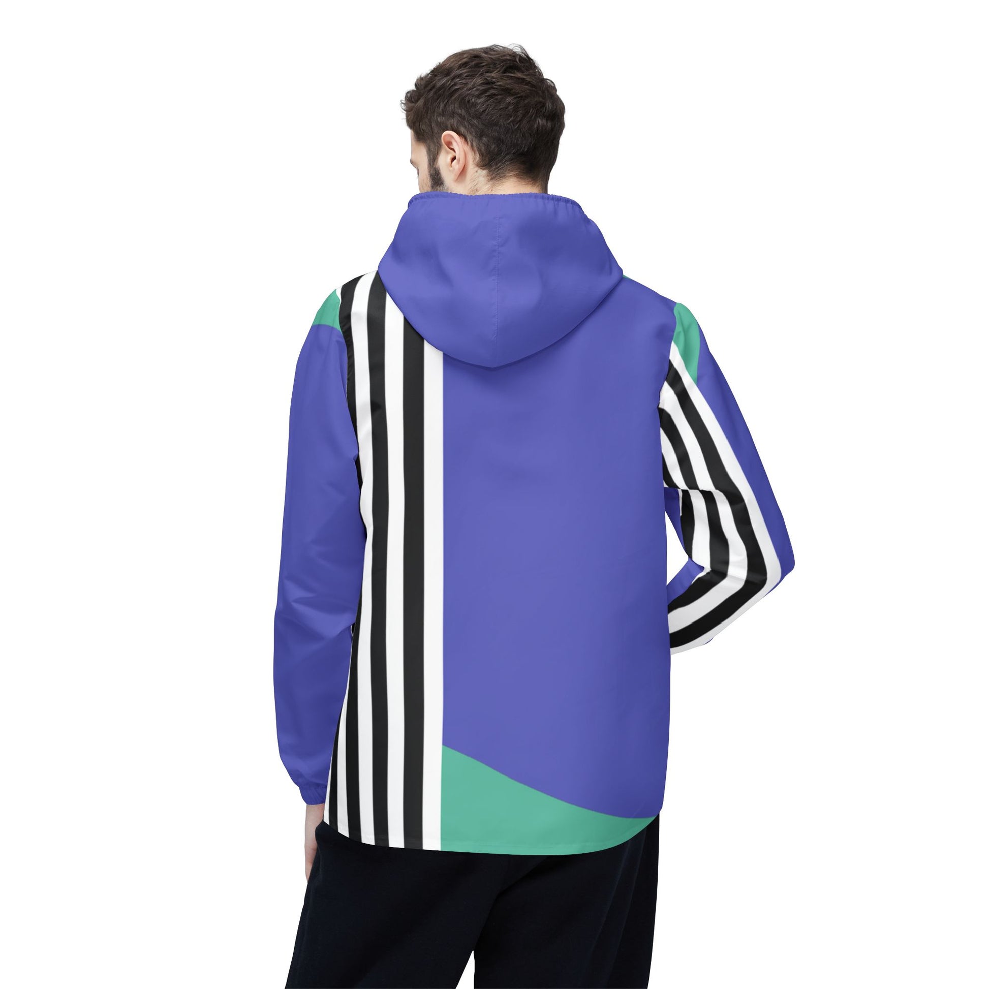 Young man wearing the Retro Lines color block windbreaker jacket from the back with striped sleeve detail.