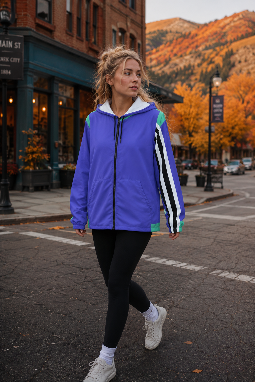 Young woman wearing the Retro Lines 80s color block windbreaker jacket on a Utah street in fall.