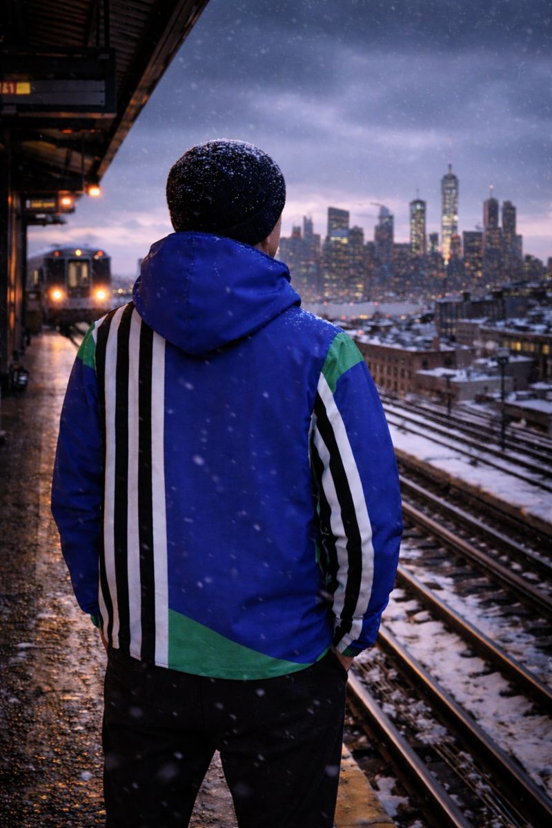 Person wearing the Retro Lines color block windbreaker jacket in a snowy urban setting.