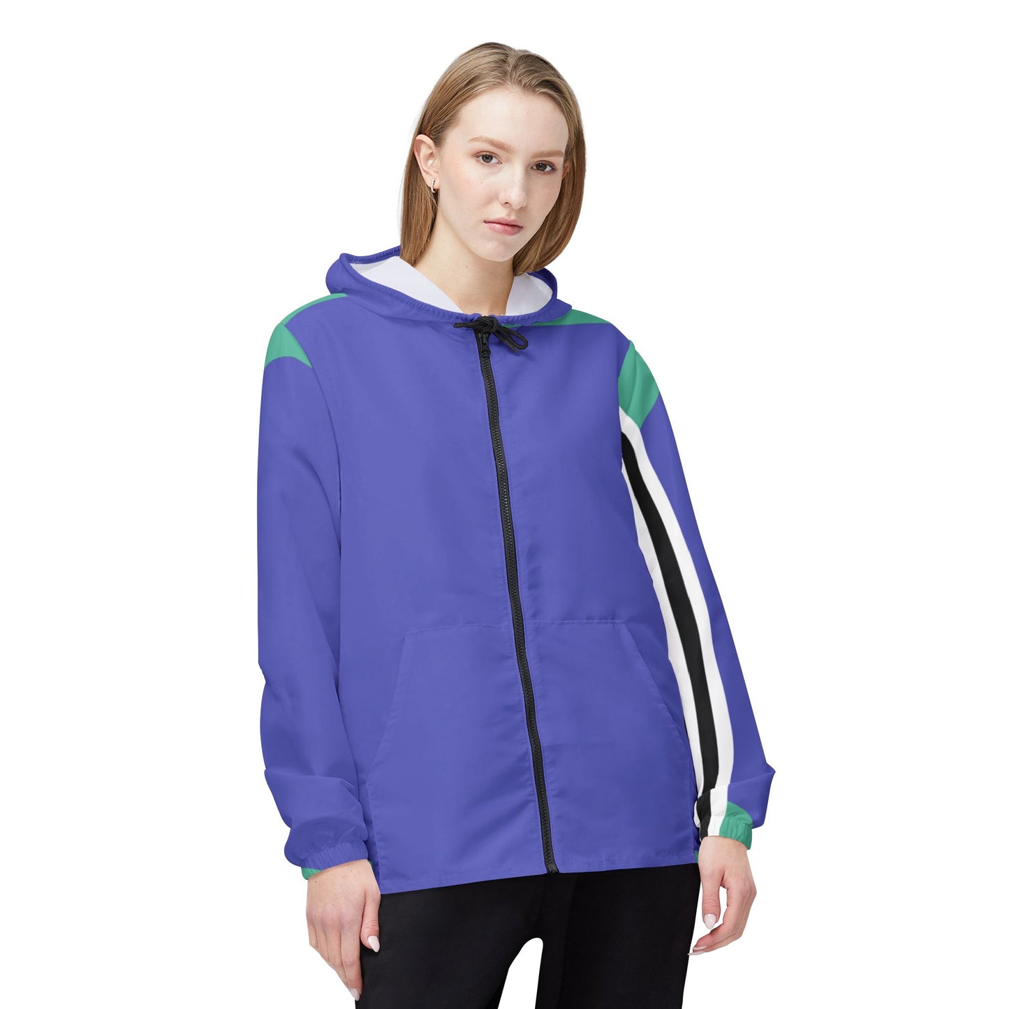 Woman modeling the Retro Lines blue and green color block windbreaker jacket from the front.
